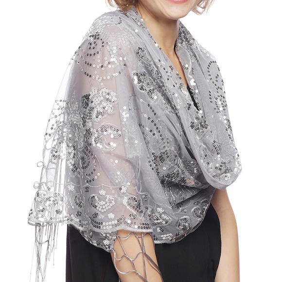 SILVER- Mesh Sequin Metallic Shawl Scarf w Fringe - Picture 1 of 1